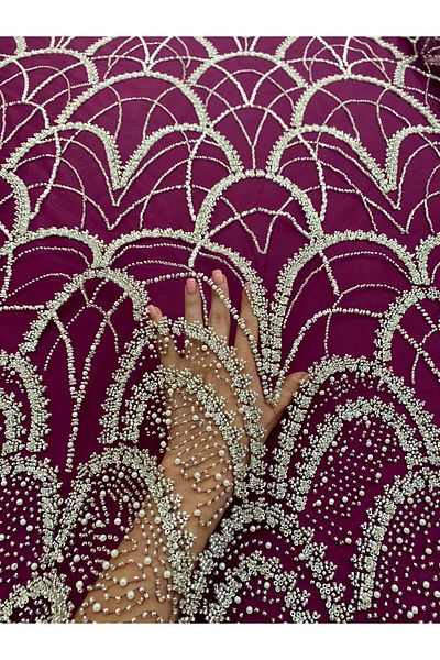 Luxuro Silver Couture Lace with Dark Magenta Tulle with Geometric Pattern, with Pearls, Beads and Sequins