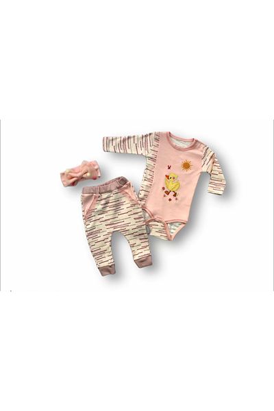 ALFA AKSESUAR 03 3-6 6-9 9-12 Months Fancy Duck Embroidered Hat Long Sleeve Bodysuit 3-Piece Girl Baby Set Pink
