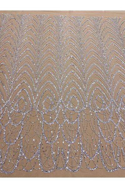Luxuro Silver Couture Lace with Nude Tulle with Geometric Pattern with Beads and Sequins