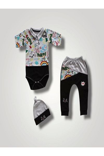 ALFA AKSESUAR 03 6-9 12-18 18-24 Months Power Cat Embroidered Long Sleeve Bodysuit with Hat 3-Piece Baby Girl and Boy Set Black