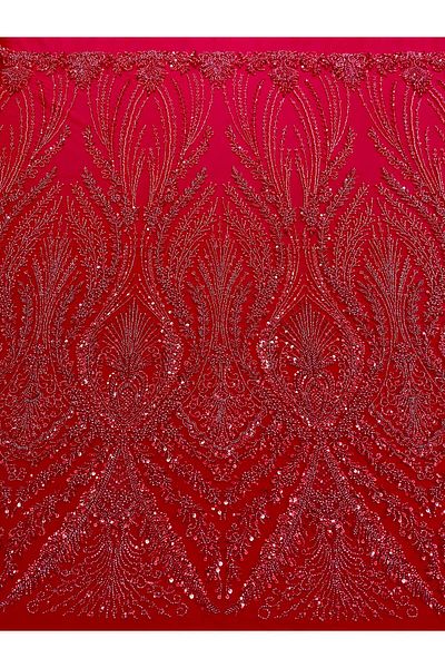 Luxuro Red Couture Lace with Geometric Pattern, with Pearls, Beads and Sequins