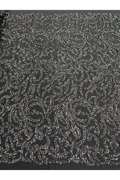Luxuro Anthracite Grey Couture Lace with Geometric Pattern, Beads and Sequins