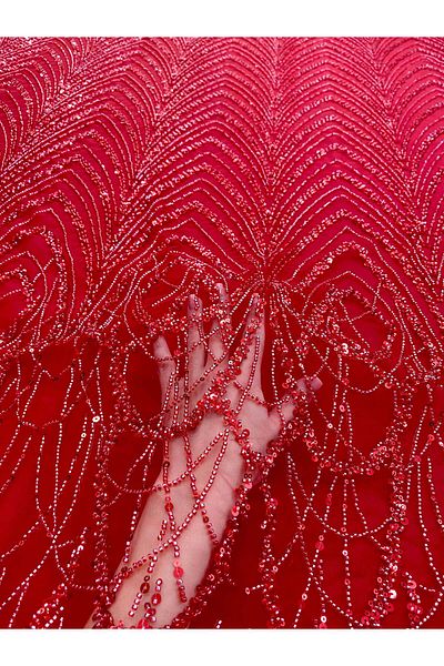 Luxuro Red Couture Lace with Geometric Pattern with Beads and Sequins