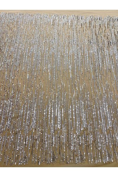 Luxuro Couture Lace Silver with Nude Tulle with Linear Pattern, with Beads and Sequins