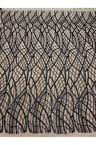 Luxuro Black Couture Lace with Linear Pattern, Beads and Sequins