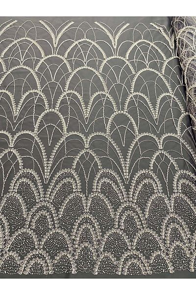 Luxuro Silver Couture Lace with Anthracite Tulle with Geometric Pattern, with Pearls, Beads and Sequins