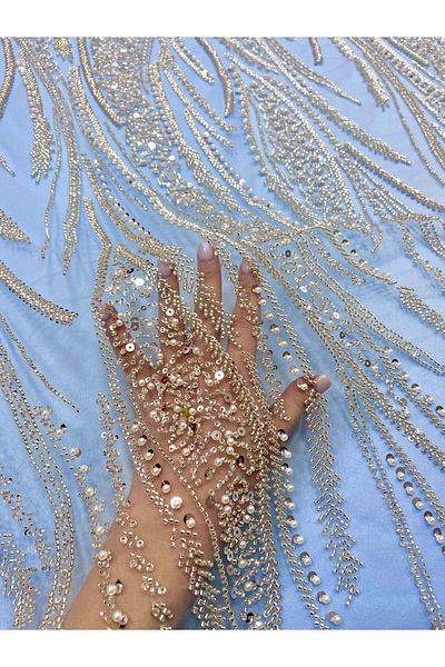 Luxuro Silver Couture Lace on Baby Blue Tulle with Panel, with Pearls, Beads and Sequins