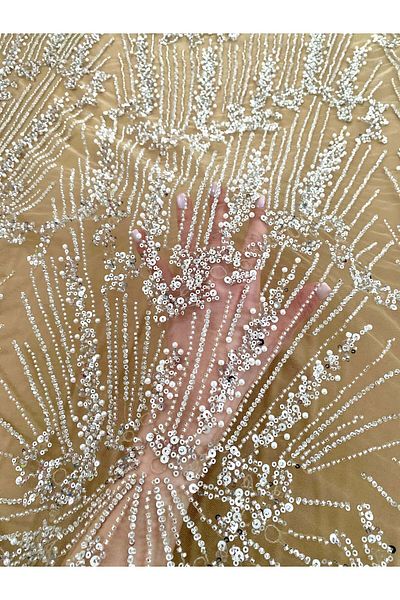 Luxuro Silver Couture Lace on Nude Tulle with Geometric Pattern, Beads and Sequins