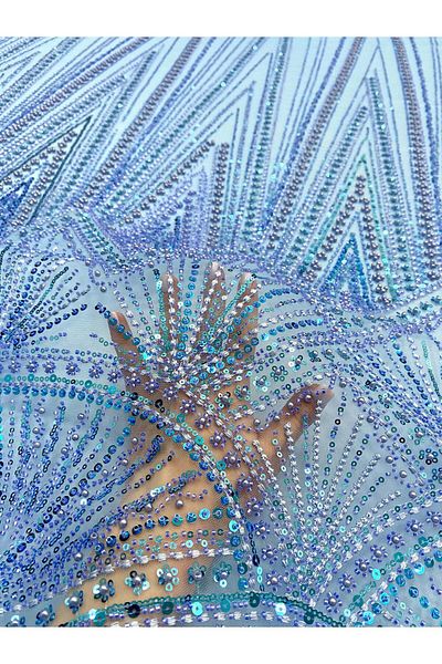 Luxuro Sky Blue Couture Lace with Geometric Pattern, with Pearls, Beads and Sequins