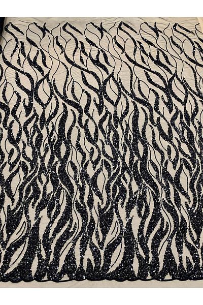 Luxuro Black Couture Lace with Strings, Beads and Sequins