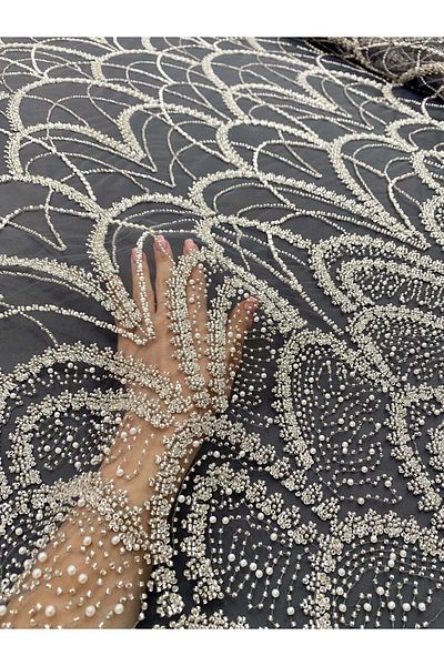 Luxuro Silver Couture Lace with Anthracite Tulle with Geometric Pattern, with Pearls, Beads and Sequins
