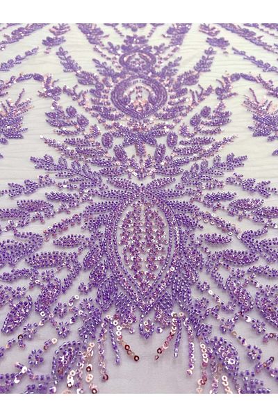 Luxuro Lavender Couture Lace with Symmetrical Pattern, Beads and Sequins