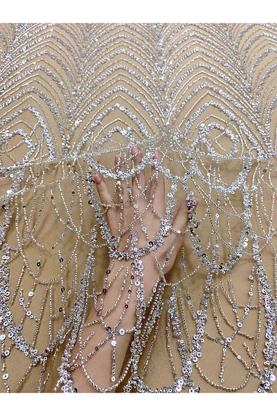 Luxuro Silver Couture Lace with Nude Tulle with Geometric Pattern with Beads and Sequins