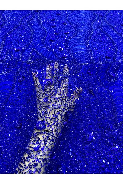 Luxuro Royal Blue Couture Lace with Geometric and Floral Pattern, with Beads and Sequins