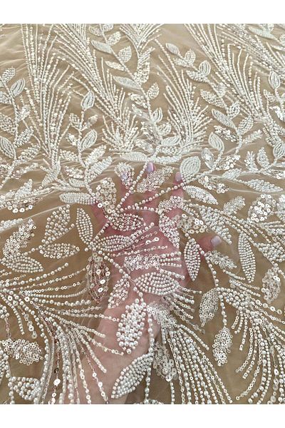 Luxuro Ivory Couture Lace with Floral Pattern, Pearls, Beads and Sequins
