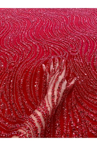 Luxuro Red Couture Lace with Linear Pattern, Beads and Sequins