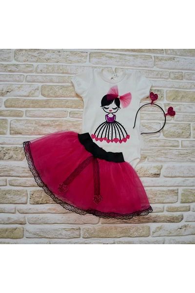 ALFA AKSESUAR 03 9-12-18 Months Heart Girl Embroidered Crown Short Sleeve Tutu Skirt 3-Piece Girl Baby Set Fuchsia