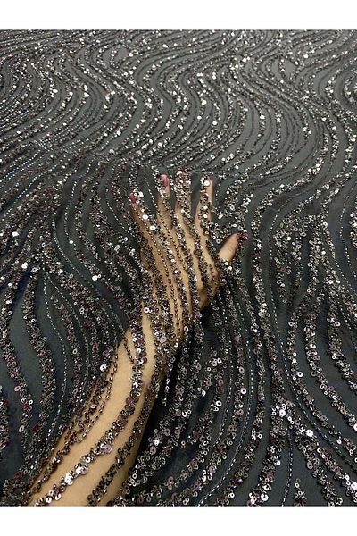 Luxuro Anthracite Grey Couture Lace with Linear Pattern, Beads and Sequins