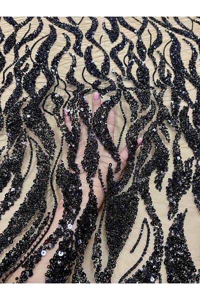 Luxuro Black Couture Lace with Strings, Beads and Sequins