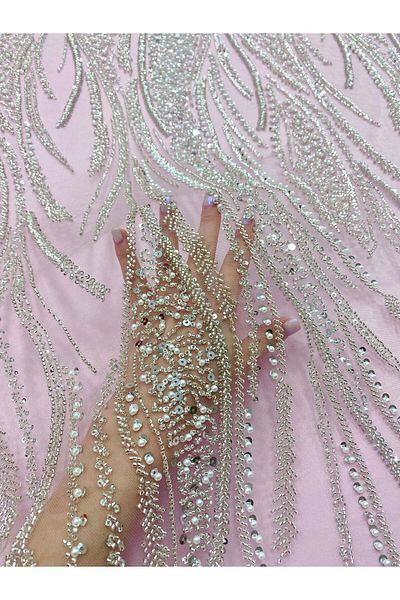 Luxuro Silver Couture Lace on Pink Tulle with Panel, with Pearls, Beads and Sequins