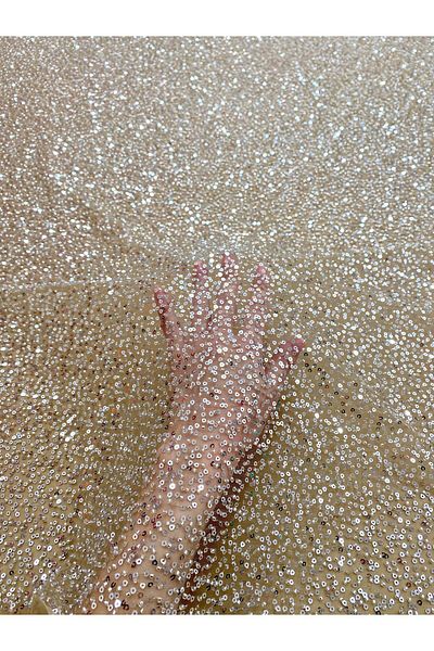 Luxuro Silver Couture Lace with Nude Tulle with General Pattern, with Beads and Sequins