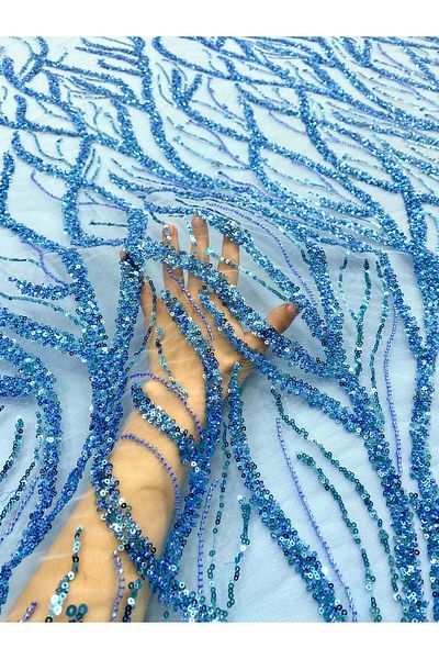 Luxuro Dantela Couture Sky Blue cu Siraguri, cu Margele si Paiete