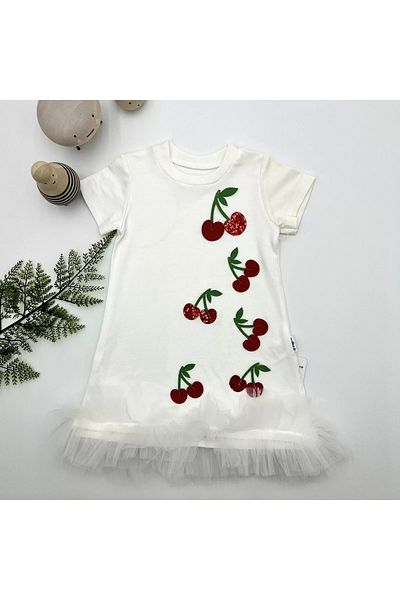 ALFA AKSESUAR 03 1-2-3 Years Sequined Cherry Embroidered Skirt Ruffled Gilet Girl's Dress White