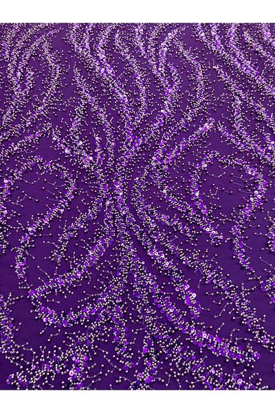 Luxuro Dark Purple Couture Lace with Pearls, Beads and Sequins