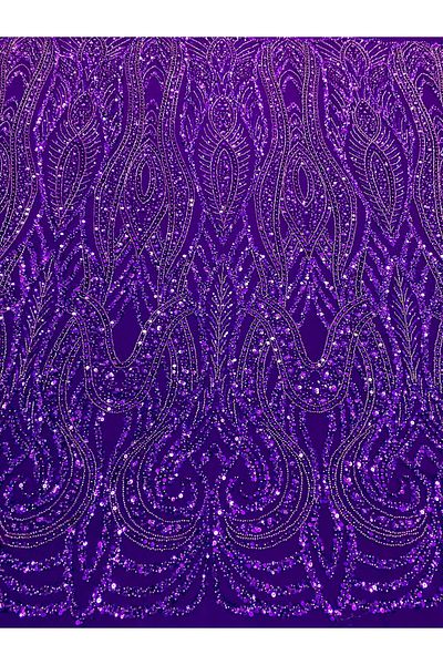 Luxuro Dark Purple Couture Lace with Geometric Pattern, Pearls, Beads and Sequins