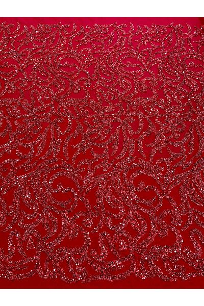 Luxuro Red Couture Lace with Geometric Pattern, Beads and Sequins