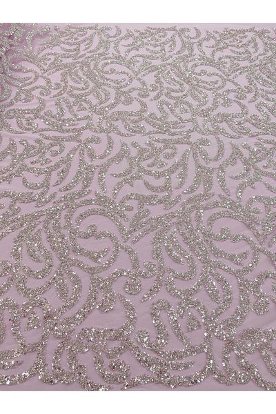 Luxuro Silver Couture Lace with Light Pink Tulle, Beads and Sequins