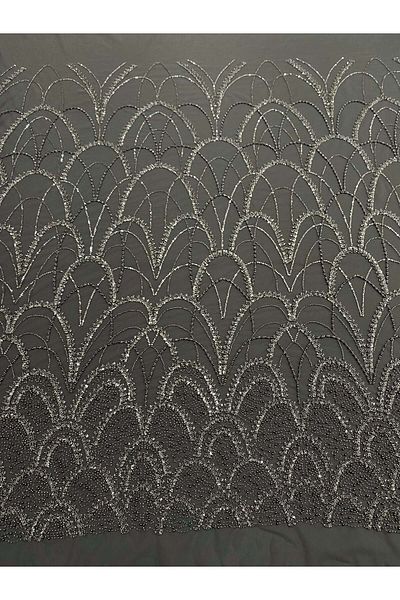 Luxuro Anthracite Grey Couture Lace with Geometric Pattern, with Pearls, Beads and Sequins