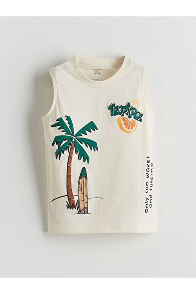 LC Waikiki Beige Crew Neck Printed Boys Undershirt 2-Piece