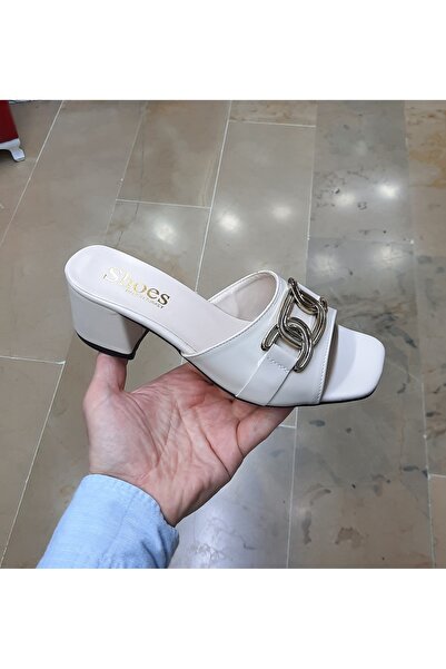 WHİTE LİNE Γυναικείο τακούνι πάχους 7 εκ., άνετο και κομψό, με λεπτομέρεια μεταλλικής ζώνης καθημερινά, βραδινές παντόφλες