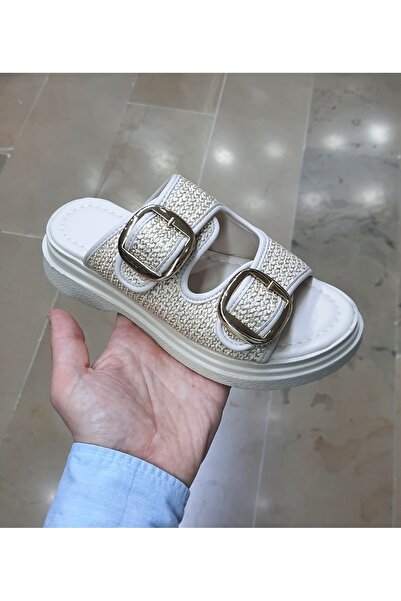 WHİTE LİNE Γυναικείες Παντόφλες Λεπτομερείς Ανατομικές Μαλακές Σόλα Διπλής Ζώνης Πόρπης Ψάθινη