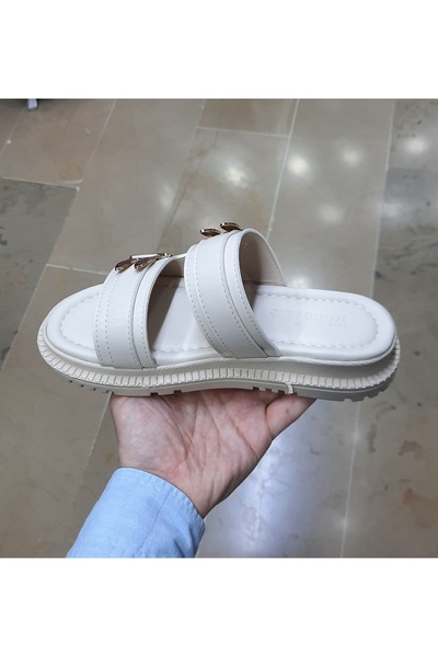 WHİTE LİNE Γυναικεία άνετη παντόφλα με μαλακή σόλα με διπλή ζώνη με αγκράφα κουνελιού