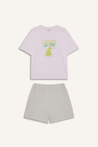 DeFacto Pajama Set Regular Fit Printed Short Sleeve Top Shorts-Fall in Love F5579Ax25Sm