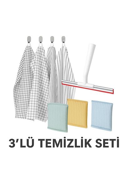 IKEA مجموعة تنظيف مكونة من 3 قطع |   4 قطع قماش تنظيف من رينيج + ممسحة زجاج من ليلناجن + إسفنجة PEPPRIG 3 قطع