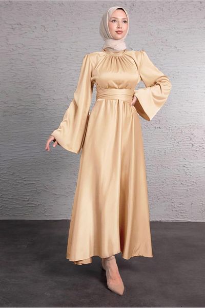 TRENDTESETTÜR Women's Orange (Melon) Belted Tesetture Evening Dress t 5016