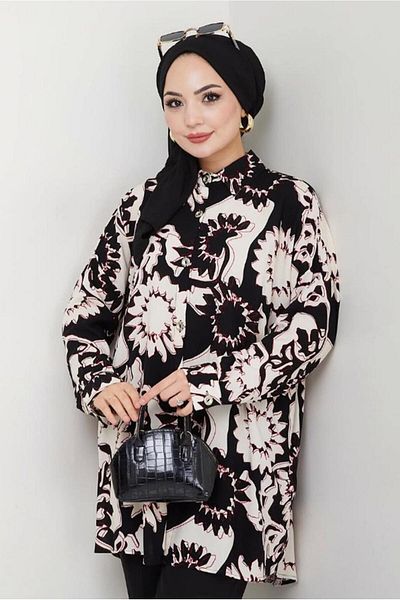 TRENDTESETTÜR Women's Black Patterned Cotton Tunic t 1980