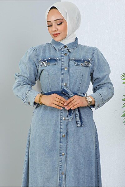 TRENDTESETTÜR Women's Blue Belt Denim Dress t 4086