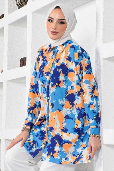 TRENDTESETTÜR Women's Dark Blue (Saks) Batik Patterned Shirt Tunic t 0988