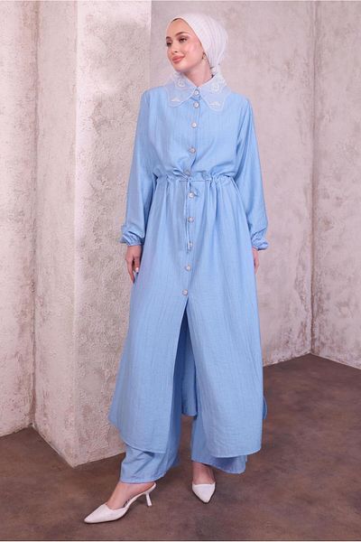 TRENDTESETTÜR Women's Blue Lace Collar Pants Suit t 9994