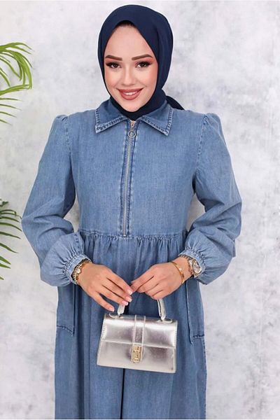 TRENDTESETTÜR Women's Blue Zippered Denim Dress t 028