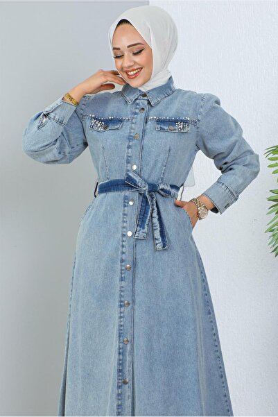 TRENDTESETTÜR Women's Blue Belt Denim Dress t 4086