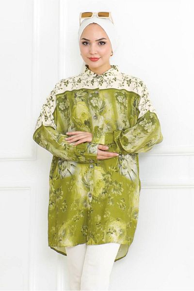 TRENDTESETTÜR Women's Green Patterned Cotton Tunic t 1998