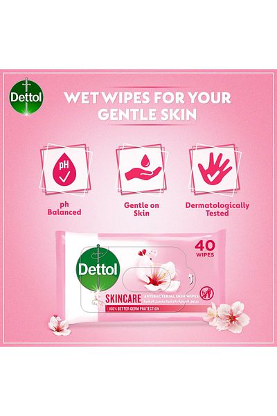 Dettol Skincare Antibacterial Skin Wipes 40pcs Refreshing Cleansing Bar For Soft, Smooth & Naturally Fresh