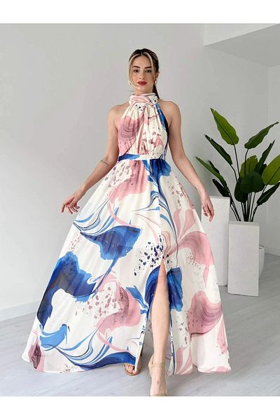 KOSHKA MODA Patterned Halter Neck Slit Long Chiffon Dress