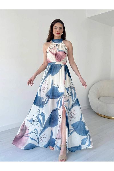 KOSHKA MODA Patterned Halter Neck Slit Long Chiffon Dress