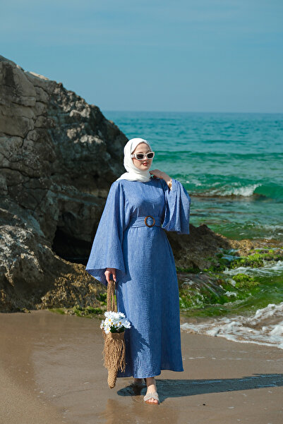 LOCCO Rochie de damă cu mânecă liliac cu șireturi în talie albastră